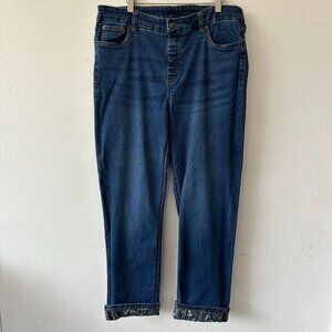 D&Co Pull On Stretch Jeans Womens 16 Medium Wash Floral Cuffs Pockets